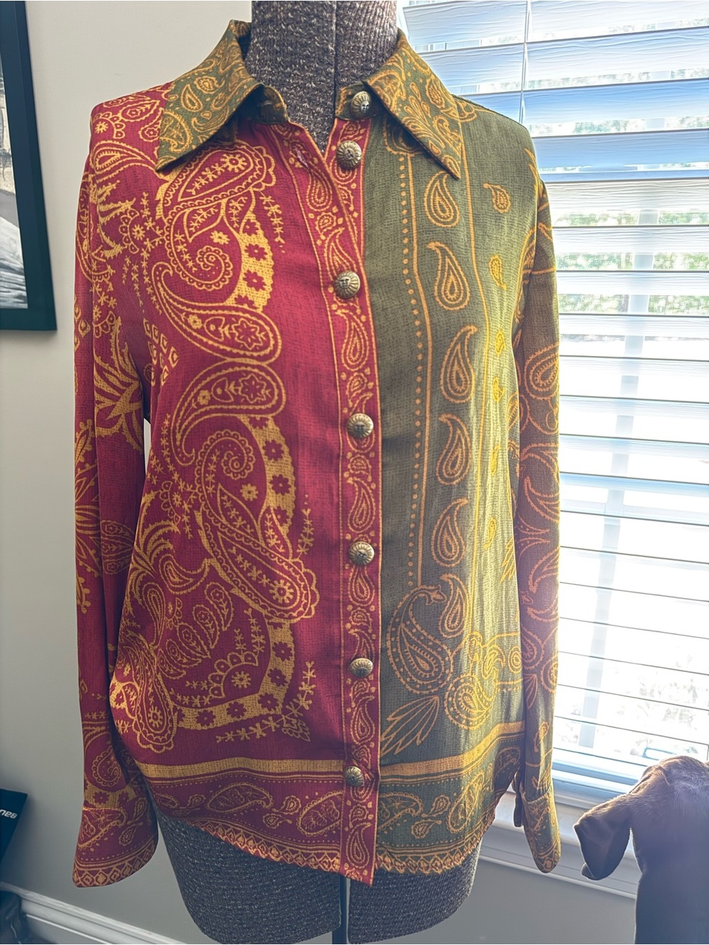 Rachel Zoe Two-Tone Paisley Button-Down Shirt in Red and Olive